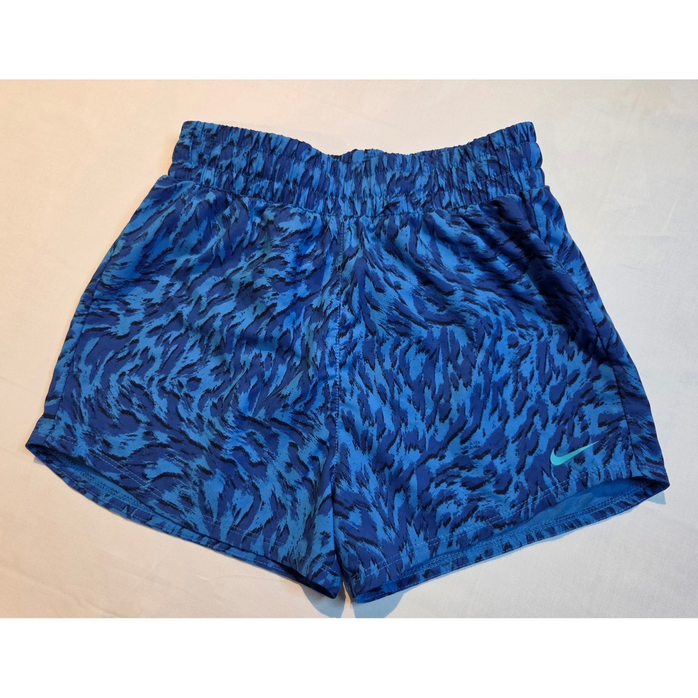 Nike Kids Dri-FIT Running Shorts Blue Black Tiger Print Athletic Size Medium